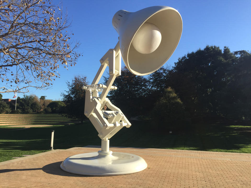 A giant model of Luxo Jr., Pixar's iconic desktop lamp mascot, is seen at its campus in Emeryville, California, on November 29, 2016. Over 21 years of unparalleled success, the executives at animation studio Pixar have developed an aphorism they are fond of repeating -- that their movies are never finished, just released. The motto speaks to the perfectionism that has seen the company gross almost $11 billion and win 13 Oscars since "Toy Story" blazed a trail as the world's first feature-length computer-generated animation in 1995.   / AFP / Frankie TAGGART / TO GO WITH AFP STORY BY FRANKIE TAGGART-"Pixar celebrates 21 years with 'love letter' to Mexico"        (Photo credit should read FRANKIE TAGGART/AFP/Getty Images)