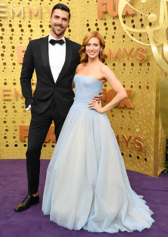 <p>Kevin Mazur/Getty Images</p> Tyler Stanaland and Brittany Snow