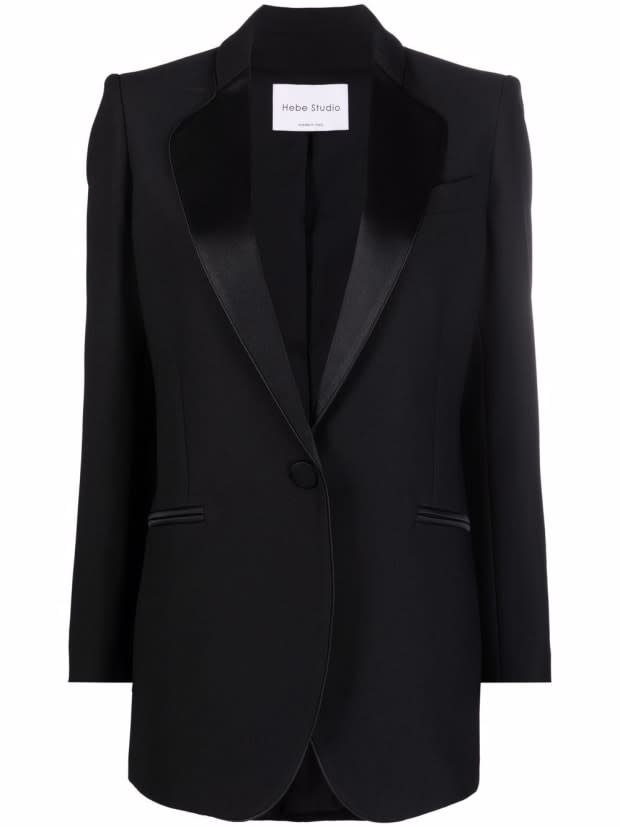 <p>Hebe Studio Single-Breasted Tuxedo Jacket, $663, <a href="https://rstyle.me/+cTz_p4EhPBEbwb4X1-0Vxg" rel="nofollow noopener" target="_blank" data-ylk="slk:available here;elm:context_link;itc:0;sec:content-canvas" class="link ">available here</a> (sizes IT 42-48). </p>