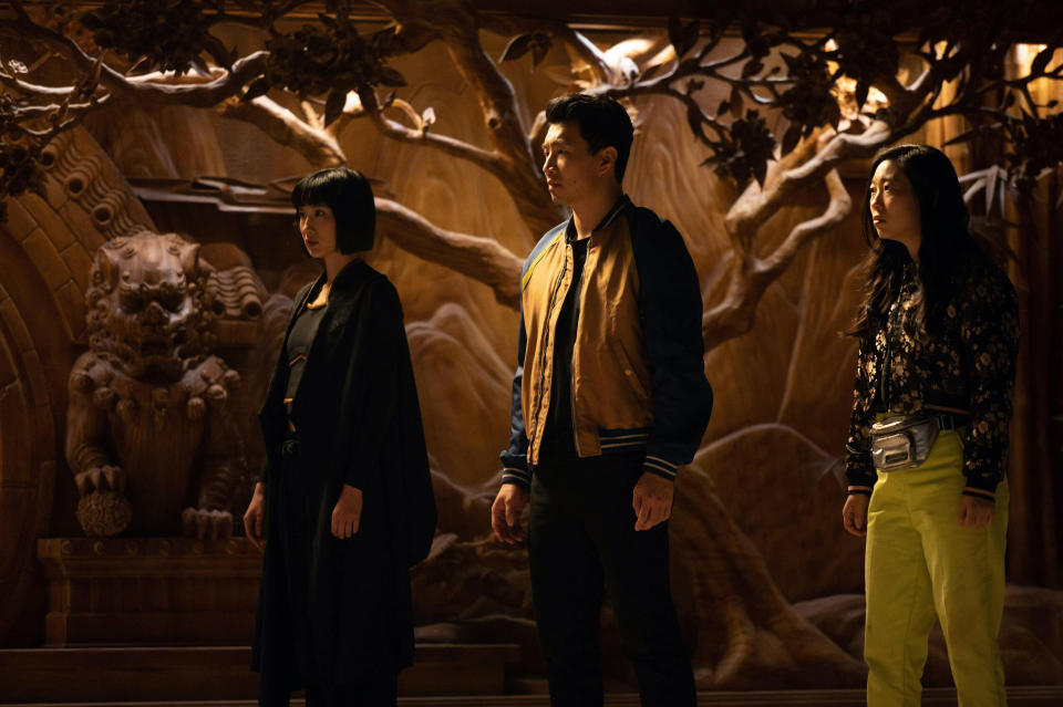 Image: From left, Meng’er Zhang as Xialing, Simu Liu as Shang-Chi  and Awkwafina as Katy in 