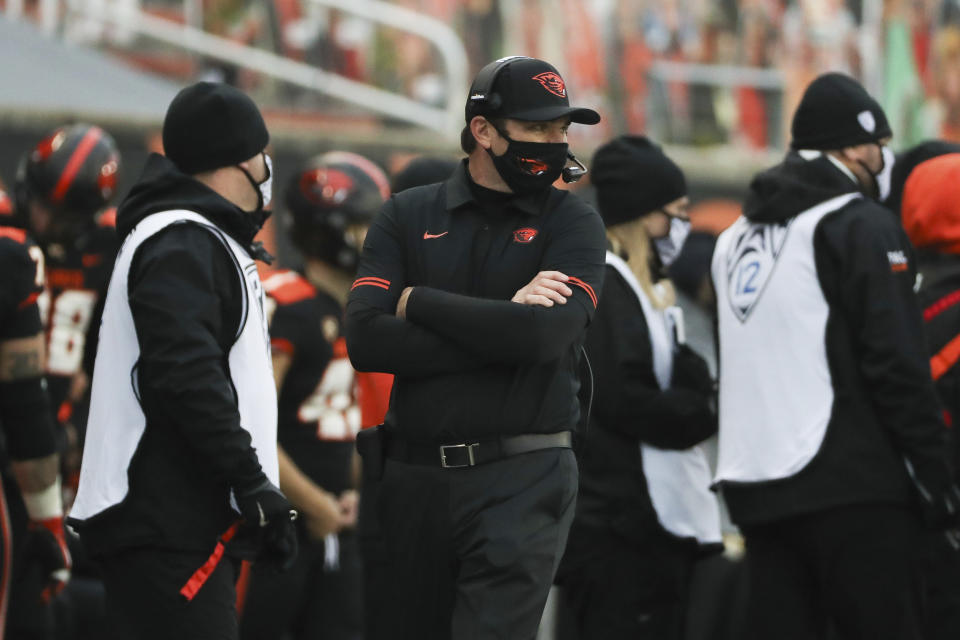 Oregon State head coach Jonathan Smith looks on during the second half of an NCAA college football game against California in Corvallis, Ore., Saturday, Nov. 21, 2020. Oregon State won 31-27. (AP Photo/Amanda Loman)
