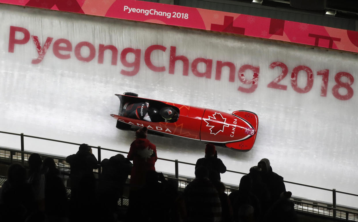 Bobsleigh - Pyeongchang 2018 Winter Olympics - Women's Competition - Olympic Sliding Centre - Pyeongchang, South Korea - February 20, 2018 - Kaillie Humphries and Phylicia George of Canada in action. REUTERS/Arnd Wiegmann