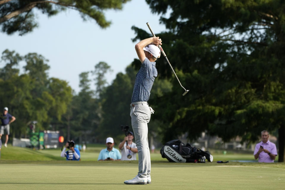 Will Zalatoris celebrates after defeating Sepp Straka, of Austria, in a playoff in the final round of the St. Jude Championship golf tournament, Sunday, Aug. 14, 2022, in Memphis, Tenn. (AP Photo/Mark Humphrey)