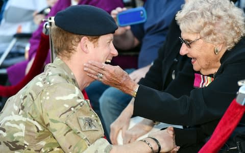 Prince Harry meets Daphne Dunne at the Sydney Opera House on May 7, 2015 - Credit: Getty