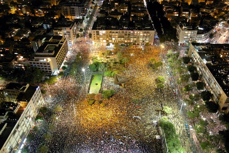 A general view shows Rabin square as Israelis protest against the government's response to the financial fallout of the coronavirus disease (COVID- 19) crisis in Tel Aviv