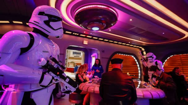 PHOTO: First Order Stormtroopers patrol through the Sublight Lounge as the first passengers experience the two-day Walt Disney World Star Wars Galactic Starcruiser, on March 1, 2022. (Allen J. Schaben/Los Angeles Times via Getty Images, FILE)