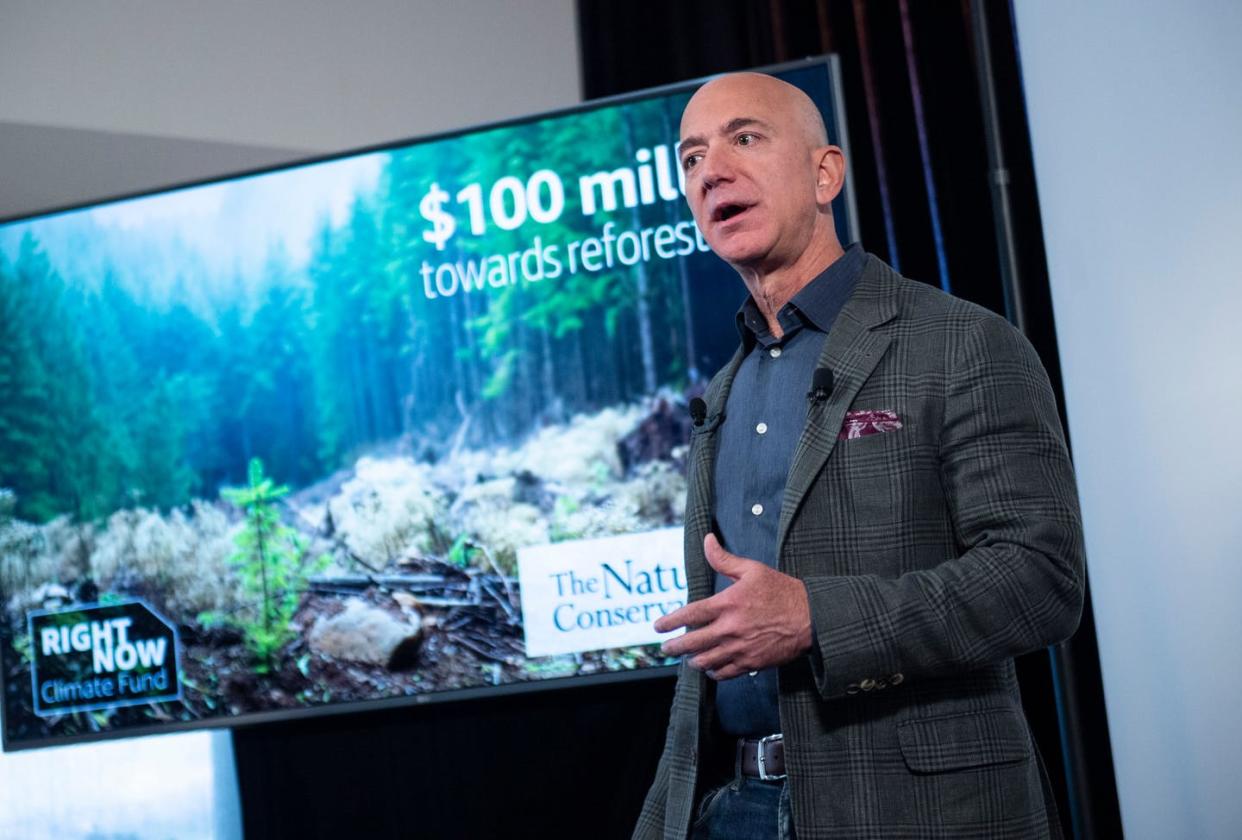 <span class="caption">Jeff Bezos is pouring $10 billion into the fight against climate change.</span> <span class="attribution"><a class="link " href="https://www.gettyimages.com/detail/news-photo/amazon-founder-and-ceo-jeff-bezos-speaks-to-the-media-on-news-photo/1169517997?adppopup=true" rel="nofollow noopener" target="_blank" data-ylk="slk:Eric Baradat/AFP via Getty Images;elm:context_link;itc:0;sec:content-canvas">Eric Baradat/AFP via Getty Images</a></span>