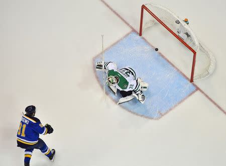 St. Louis Blues right wing Vladimir Tarasenko (91) scores a goal past Dallas Stars goalie Kari Lehtonen (32) during the first period in game four of the second round of the 2016 Stanley Cup Playoffs at Scottrade Center. Mandatory Credit: Jasen Vinlove-USA TODAY Sports