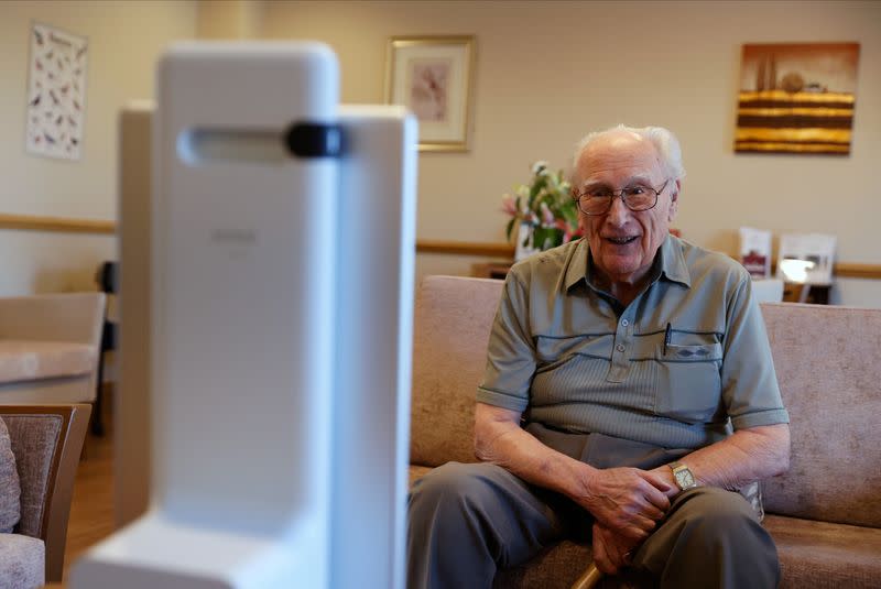 Resident Orchard chats via Facebook Portal to his family at the Foxholes Care Home