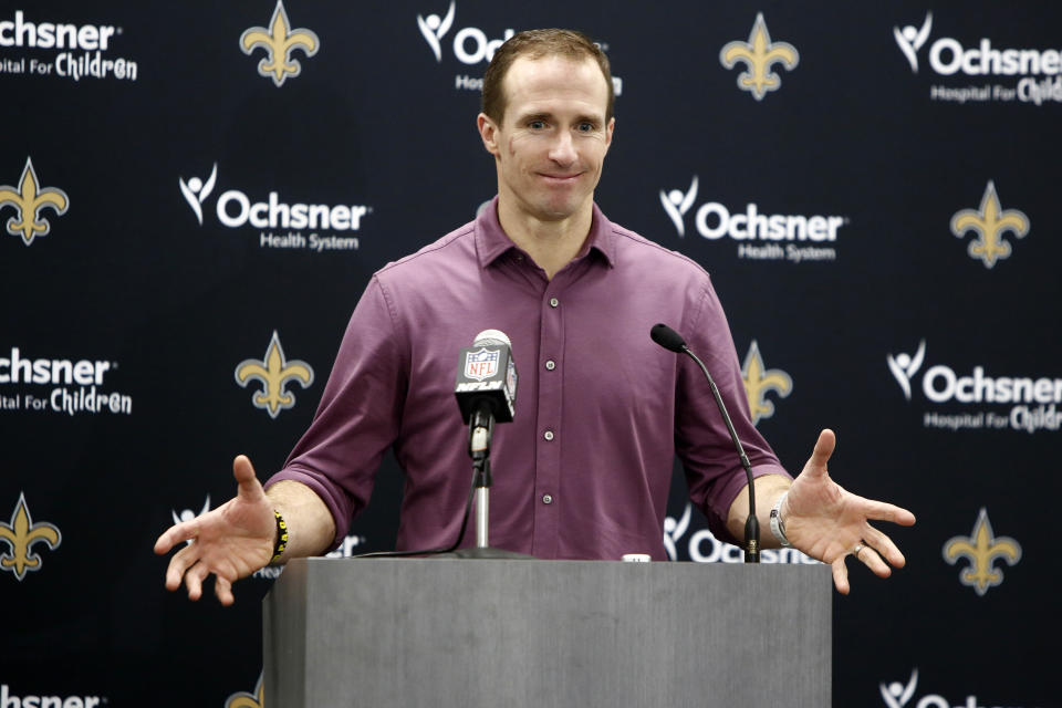 New Orleans Saints quarterback Drew Brees was the target of Eminem in the rapper's latest track. (AP Photo/Brian Blanco)