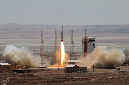 Simorgh rocket is launched and tested at the Imam Khomeini Space Centre, Iran, in this handout photo released by Tasnim News Agency on July 27, 2017. Tasnim News Agency/Handout via REUTERS ATTENTION EDITORS - THIS PICTURE WAS PROVIDED BY A THIRD PARTY. NO RESALES. NO ARCHIVE.