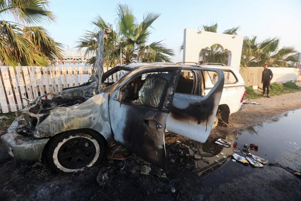 The remains of the vehicle in which employees from World Central Kitchen, including foreigners, were killed in Monday’s Israeli airstrike in Deir al-Balah in the central Gaza Strip (REUTERS)