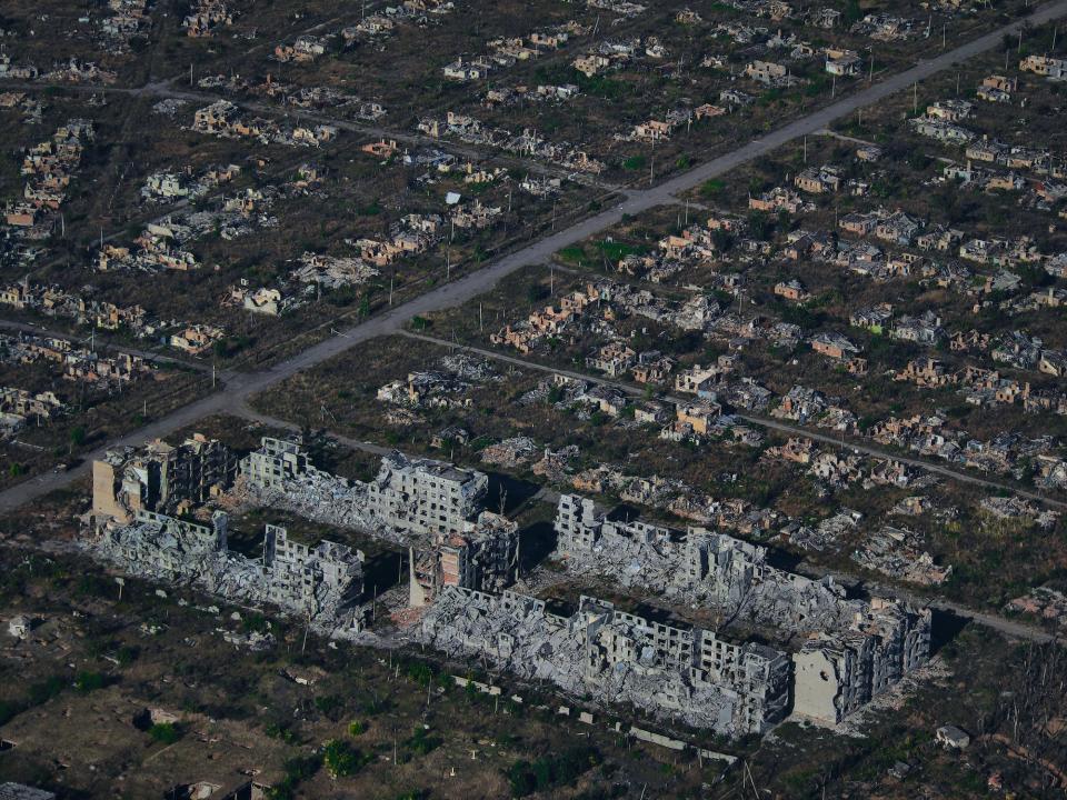 An aerial view of the city of Bakhmut shows the rubble of remaining buildings
