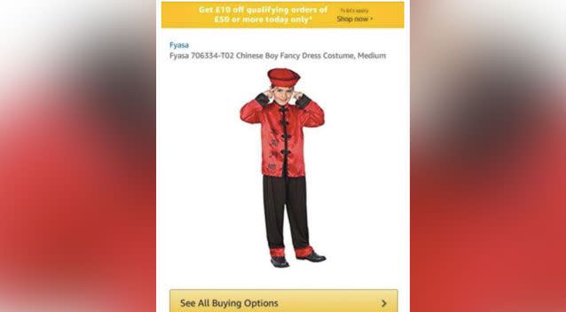 Social media users were outraged with the images used to advertise the costumes. Source: Amazon