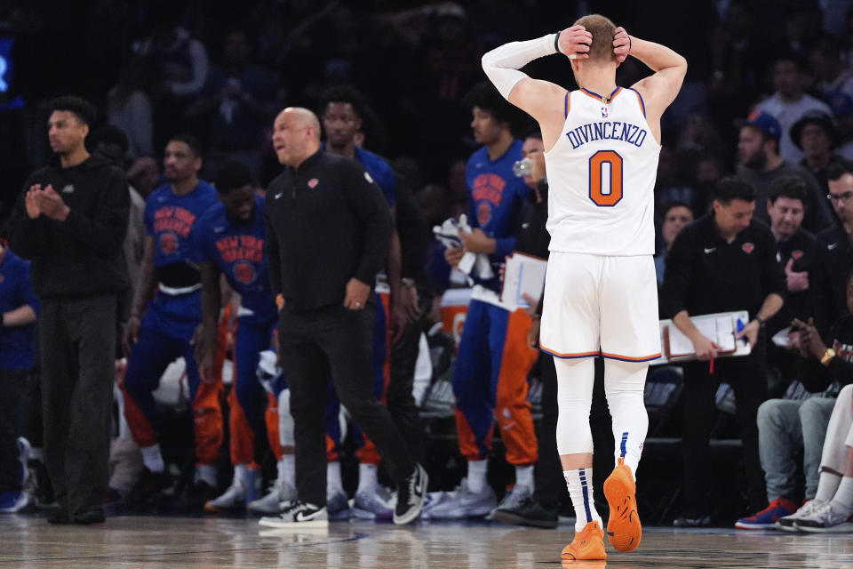 New York Knicks guard Donte DiVincenzo (0) reacts during the first half of Game 7 in an NBA basketball second-round playoff series against the Indiana Pacers, Sunday, May 19, 2024, in New York. (AP Photo/Julia Nikhinson)