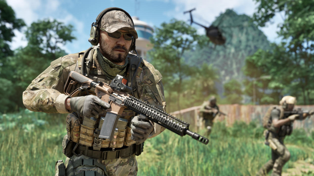  In Gray Zone Warfare, an assault rifle-wielding private military contractor advances through a field. Other combatants follow behind, while a scout helicopter flies in the distance. 