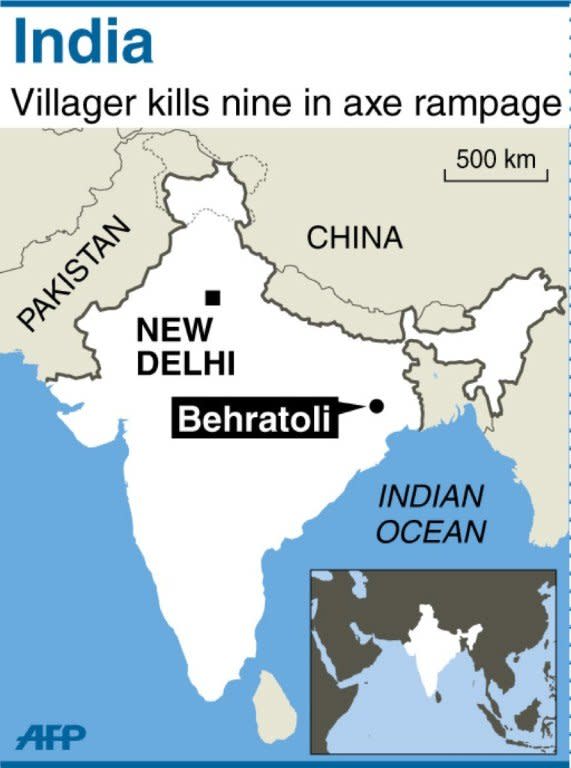 Map of India locating Behratoli, where a villager killed nine people with an axe. The Indian villager axed to death four women and five young girls on Thursday while apparently mentally disturbed after his wife left him, police said