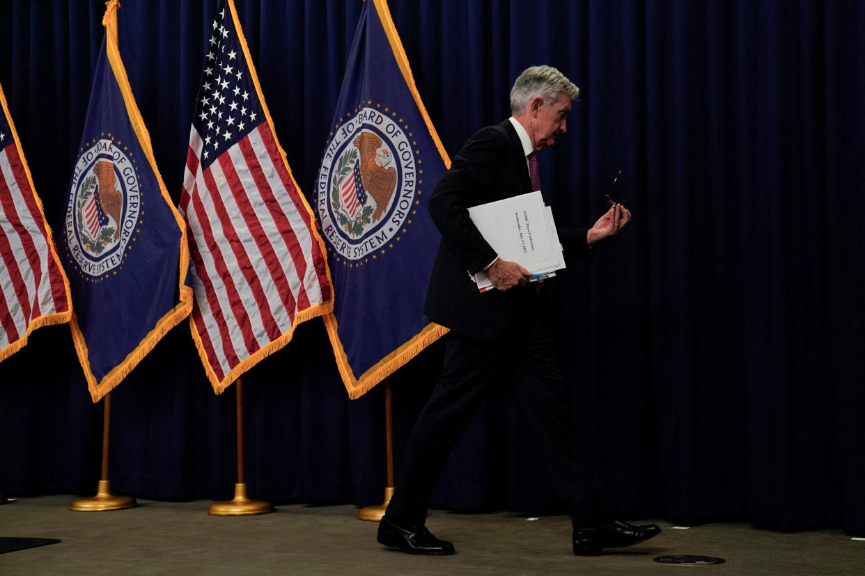 Federal Reserve Board Chairman Jerome Powell leaves after a news conference following a two-day meeting of the Federal Open Market Committee (FOMC) in Washington, U.S., July 27, 2022. REUTERS/Elizabeth Frantz