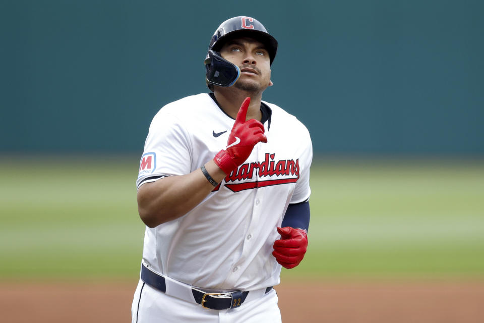 Cleveland Guardians' Josh Naylor celebrates as he rounds the bases after hitting a two-run home run off Chicago White Sox pitcher Michael Soroka during the first inning of a baseball game, Tuesday, April 9, 2024, in Cleveland. (AP Photo/Ron Schwane)