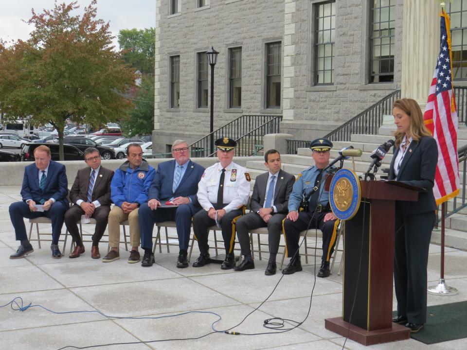 Rep. Mikie Sherrill (D-Montclair) speaks about her introduction of a federal Auto Theft Prevention Act that would help law-enforcement combat the rising wave of vehicle thefts in New Jersey and elsewhere around the nation, Oct. 17, 2022 at the Hartley-Dodge Memorial building in Madison.