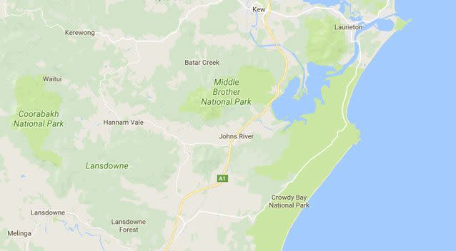 The plane has reportedly crashed in Johns River, south of Port Macquarie. Source: Google Maps