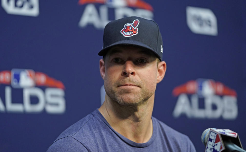 Cleveland Indians starting pitcher Corey Kluber listens to a question during a baseball news conference Thursday, Oct. 4, 2018, in Houston. The Indians play the Houston Astros in Game 1 of the American League Division Series on Friday. (AP Photo/David J. Phillip)