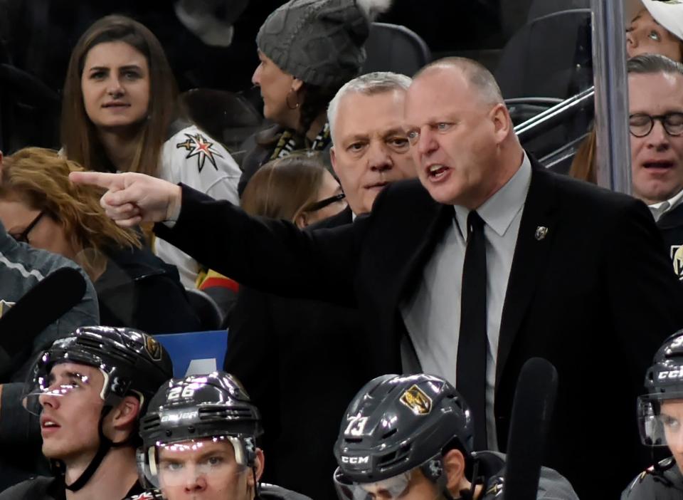 Vegas Golden Knights coach Gerard Gallant calls out during the third period of the team's NHL hockey game against the Colorado Avalanche on Thursday, Dec. 27, 2018, in Las Vegas. (AP Photo/David Becker)