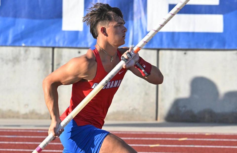 Buchanan’s Hilton Green in the boys pole vault at the CIF Central Section Masters track and field meet, held at Veterans Memorial Stadium on Saturday, May 20, 2023 in Clovis.