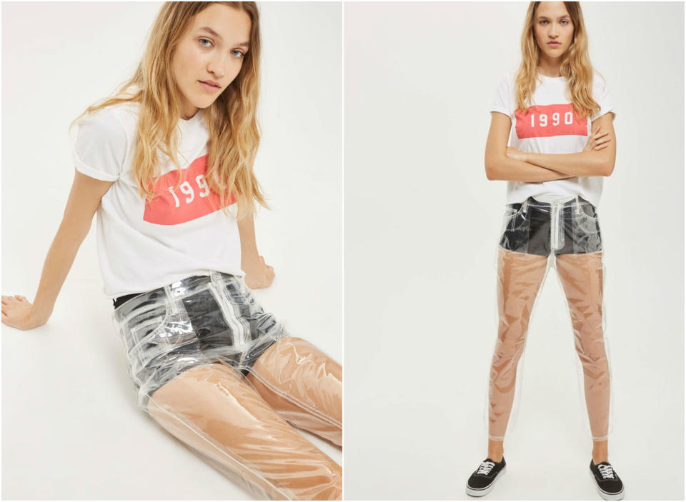 <p>Hoy en día llaman vaqueros a cualquier cosa, aunque los pantalones estén hechos de plástico transparente y te quieran cobrar 100 dólares. (Foto: Topshop). </p>