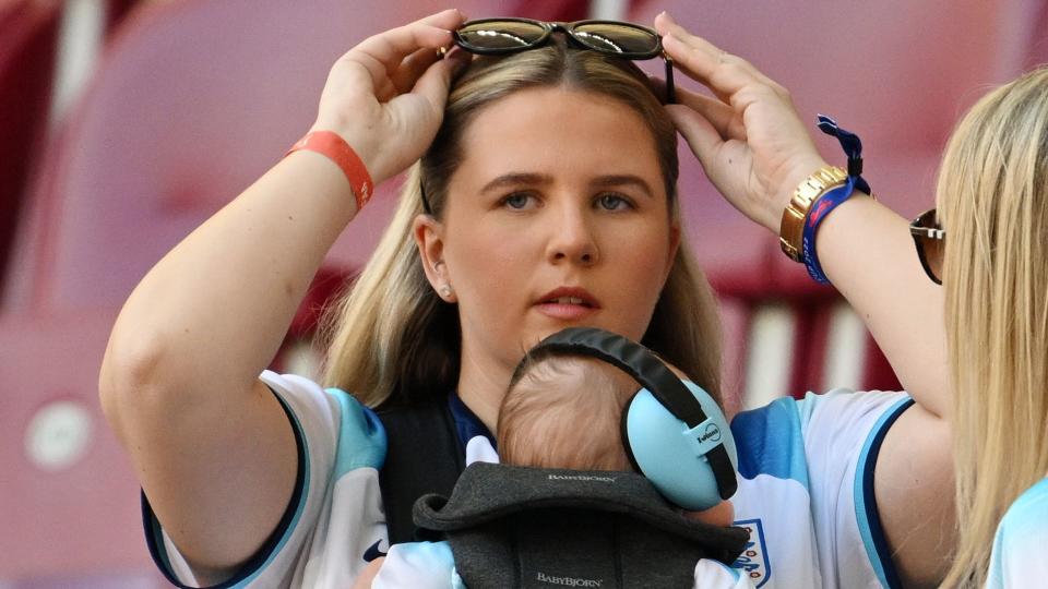 Lauren Fryer, girlfriend of Declan Rice of England, looks on from the stands prior to the FIFA World Cup Qatar 2022 Group B match between England and IR Iran at Khalifa International Stadium in Doha, Qatar. 