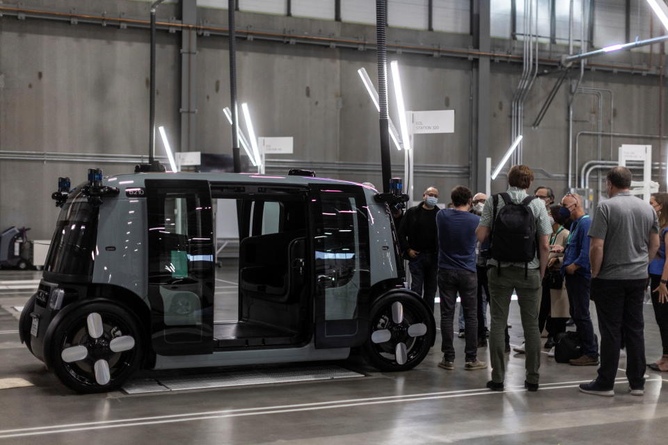 Zoox, a self-driving vehicle owned by Amazon, is displayed during a media tour at the company's factory in Fremont, California, U.S. July 19, 2022.  REUTERS/Carlos Barria