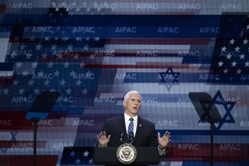 Vice President Mike Pence speaks at the American Israel Public Affairs Committee (AIPAC) 2020 Conference, Monday, March 2, 2020 in Washington. (AP Photo/Alex Brandon)