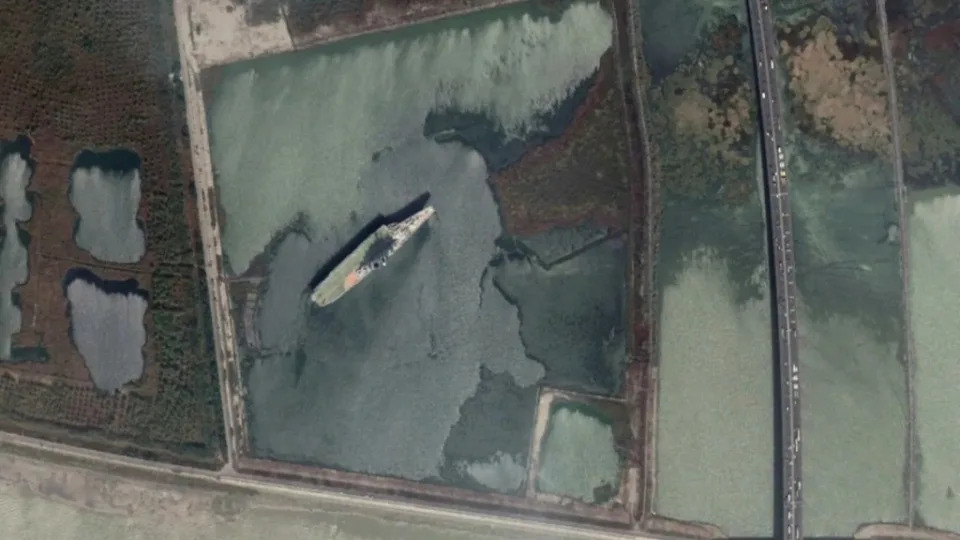 A satellite image of the ex-<em>Minsk</em> at its present location in 2019. <em>Google Earth</em>