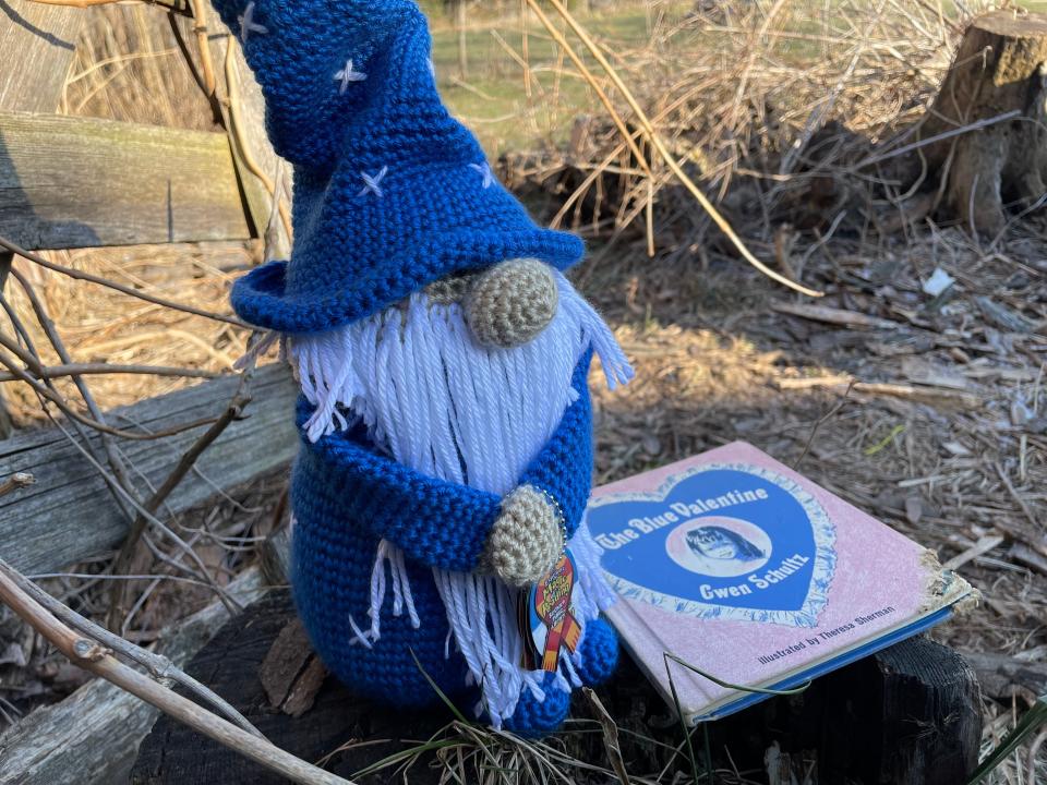This little hand-crocheted wizard gnome that is the Valentine's Day prize at the Woodville library.
