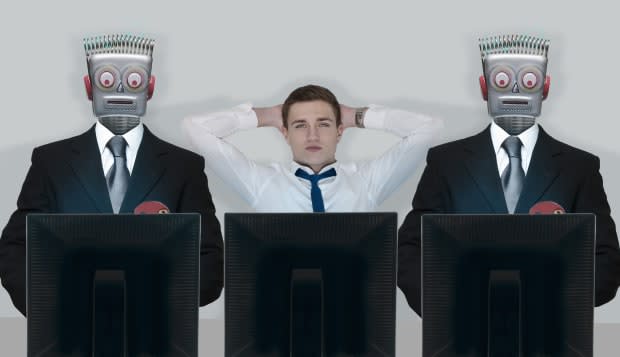 Relaxed businessman between stressed robots