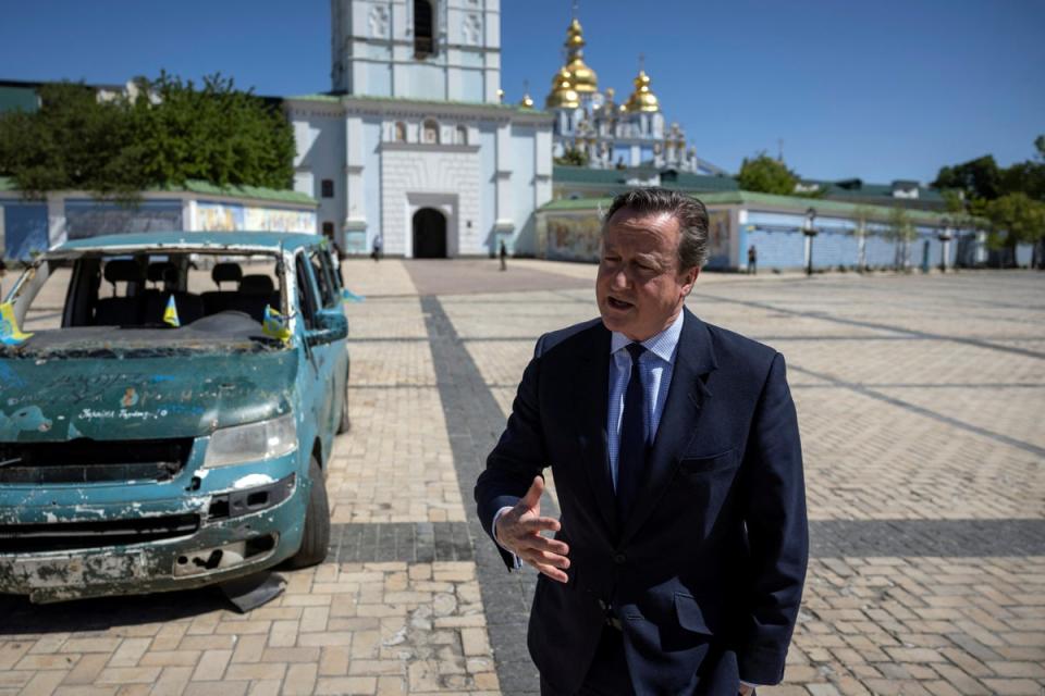 David Cameron speaks to reporters near the British embassy in Kyiv (Getty)