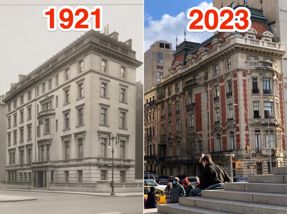 New York City's 1009 Fifth Avenue in 1921 (L) and in 2023 (R).