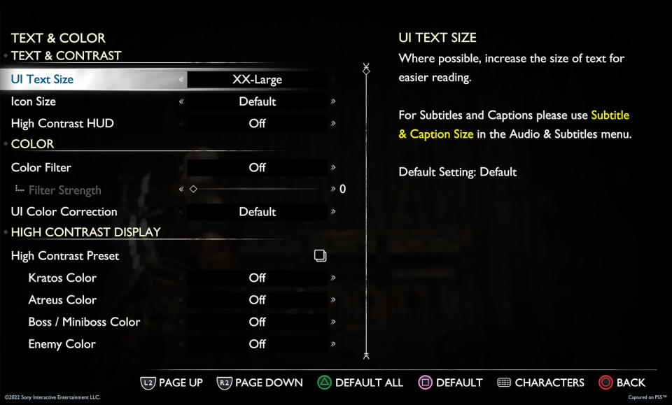 Menu options for God of War Ragnarok's subtitles.