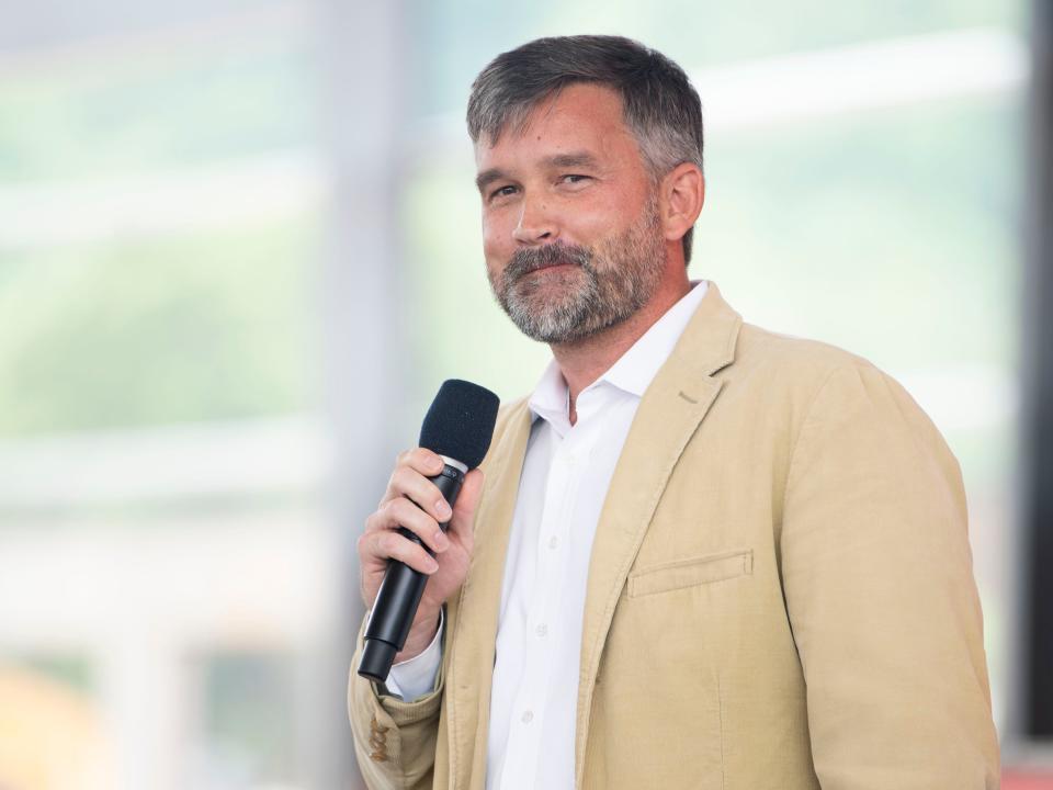 Jordan Mollenhour of Mollenhour Gross at the ceremonial groundbreaking ceremony for Red Stag Fulfillment in Sweetwater, Tenn. on Wednesday, May 4, 2022.