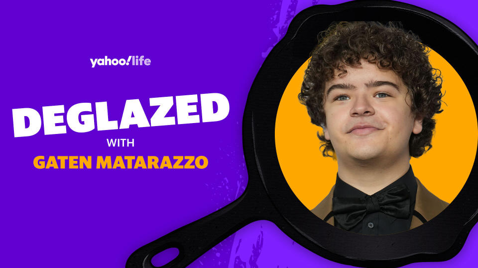 Gaten Matarazzo says when he's binge-watching shows with his friends and family, pizza and potato chips are among his go-to snacks. (Photo: Getty; designed by Quinn Lemmers)