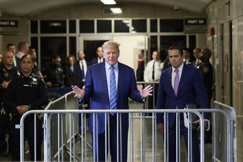 Former President Donald Trump addressed the media as he arrives for the second day of jury selection at Manhattan criminal court, Tuesday, April 16, 2024, in New York. Trump returned to the courtroom Tuesday as a judge works to find a panel of jurors who will decide whether the former president is guilty of criminal charges alleging he falsified business records to cover up a sex scandal during the 2016 campaign. (Curtis Means/DailyMail.com via AP, Pool)