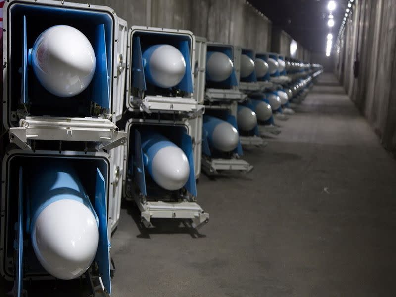 Iranian missiles are seen at an underground of the new "missile cite" of Iran's Revolutionary Guards naval unit at an undisclosed location in Iran