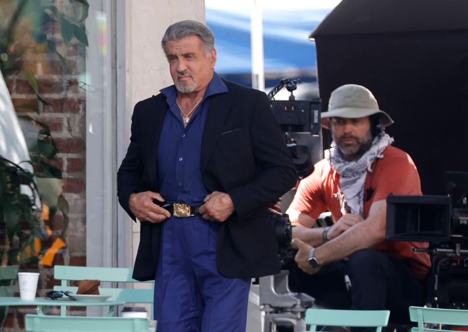 Sylvester Stallone prepares to film a scene of "Tulsa King" at Triangle Coffee Roasters on July 11, 2022, in downtown Tulsa.