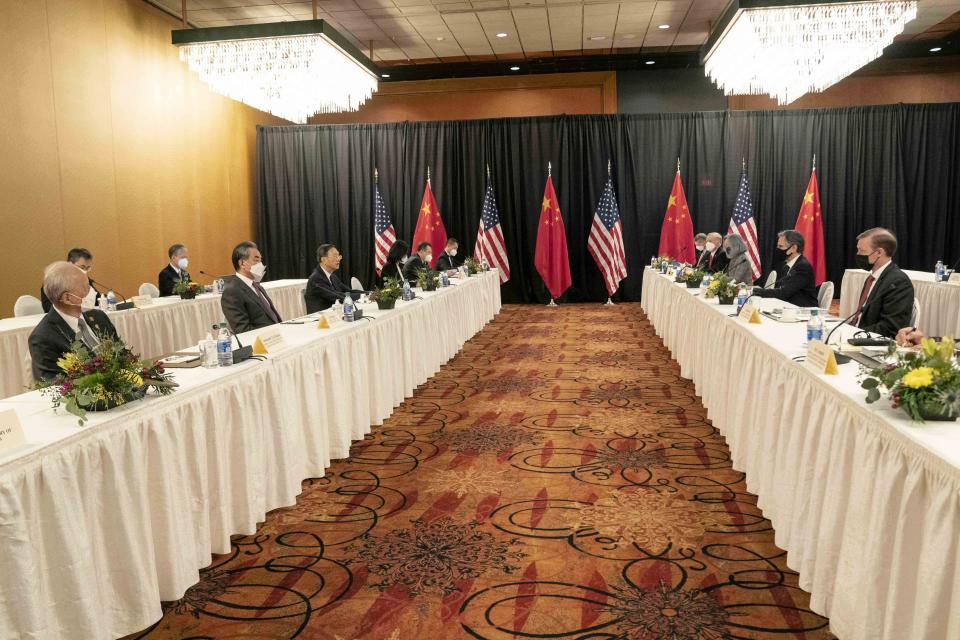 Yang Jiechi (front row, third from left) and Antony Blinken (second from right) trade insults during the high-level strategic meeting in AnchorageEPA