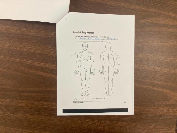 A diagram showing the trajectory of the bullet wounds suffered by Arturo Bravo Santos that was entered in the record during Greg Leon’s murder trial on June 23, 2023 in Lexington County. Ted Clifford/Ted Clifford