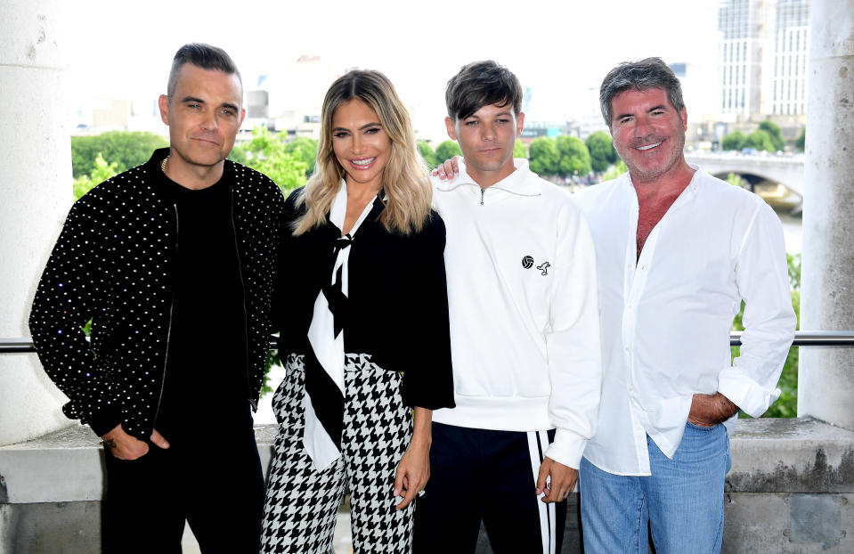 Robbie Williams, Ayda Field, Louis Tomlinson and Simon Cowell attending the X Factor photocall held at Somerset House, London.