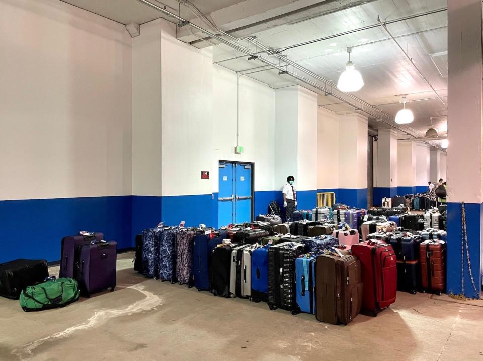 Luggage in an empty warehouse