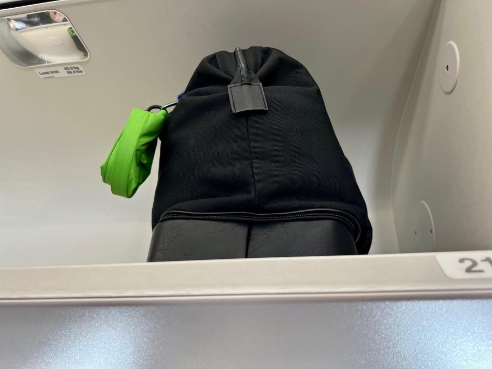 My small duffle only shared an overhead bin with one other small backpack.