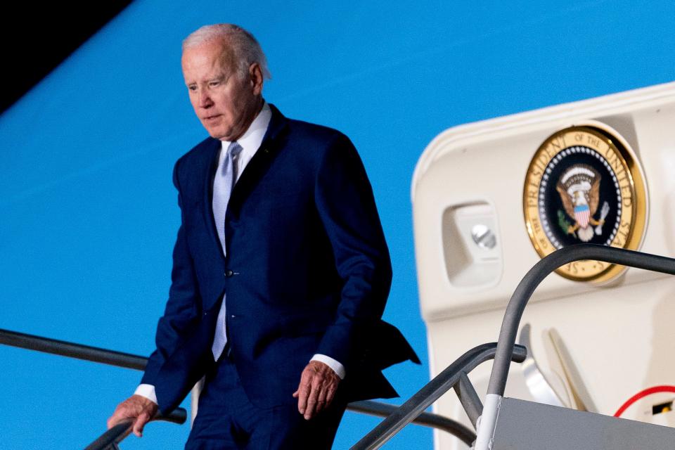 President Joe Biden arrives at the Felipe Angeles international airport in Zumpango, Mexico, Sunday, Jan. 8, 2023. (AP Photo/Andrew Harnik)