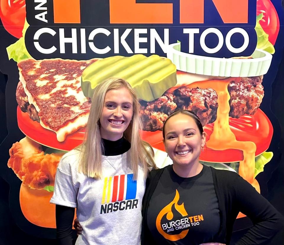 Madison Marsh, left, the newly crowned Miss America for 2024, visits the Burger Ten & Chicken Too restaurant at One Daytona on Sunday, Feb. 18, 2024 where she is pictured with Gilda Bhakta, the restaurant's assistant manager. Restaurant operators at One Daytona and Shoppes at One Daytona saw an uptick in business because rain delays on Saturday and Sunday resulted in pushing the Daytona 500 and Xfinity races to Monday.